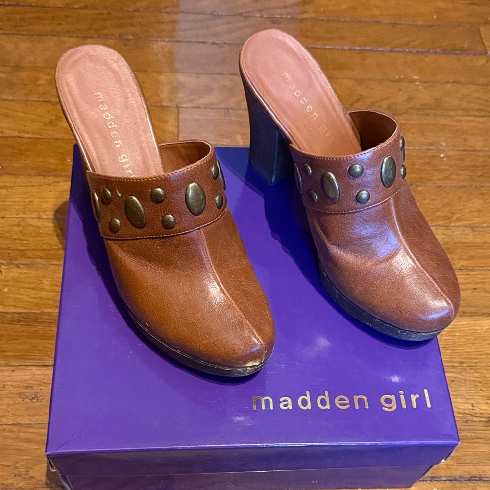 Madden Girl Tan Studded Mules